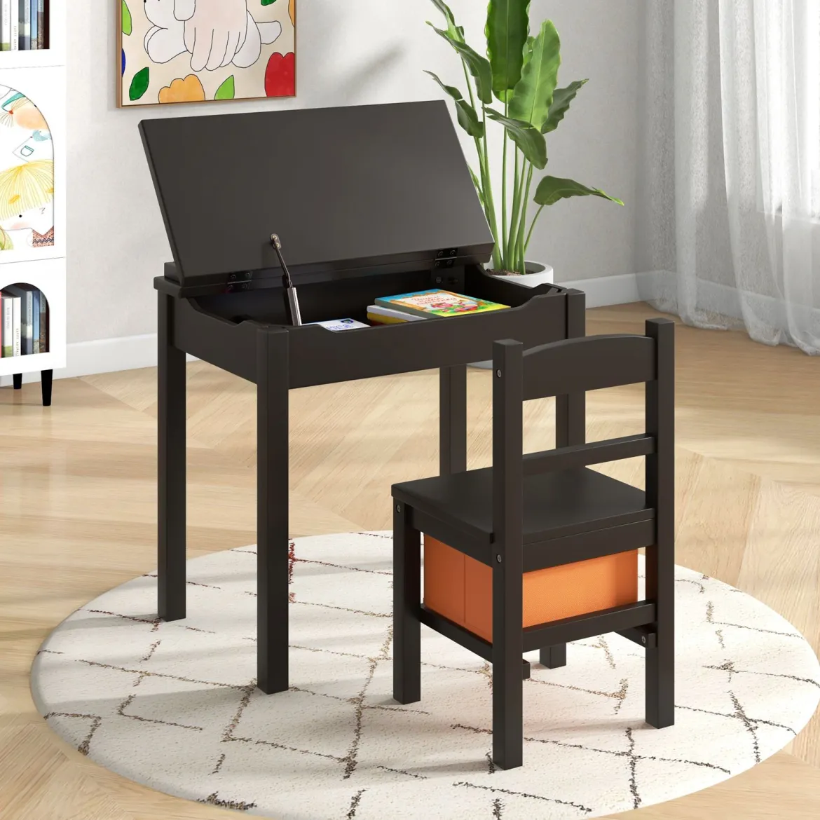 Kindertisch + Stuhl aus Massivholz mit Klappbarer Tischplatte & Schublade & Haken