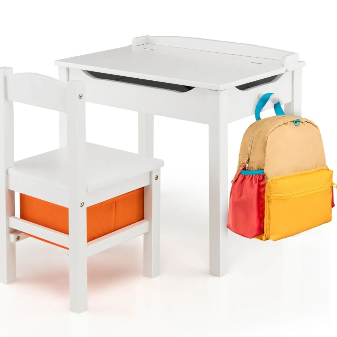 Kindertisch + Stuhl aus Massivholz mit Klappbarer Tischplatte & Schublade & Haken