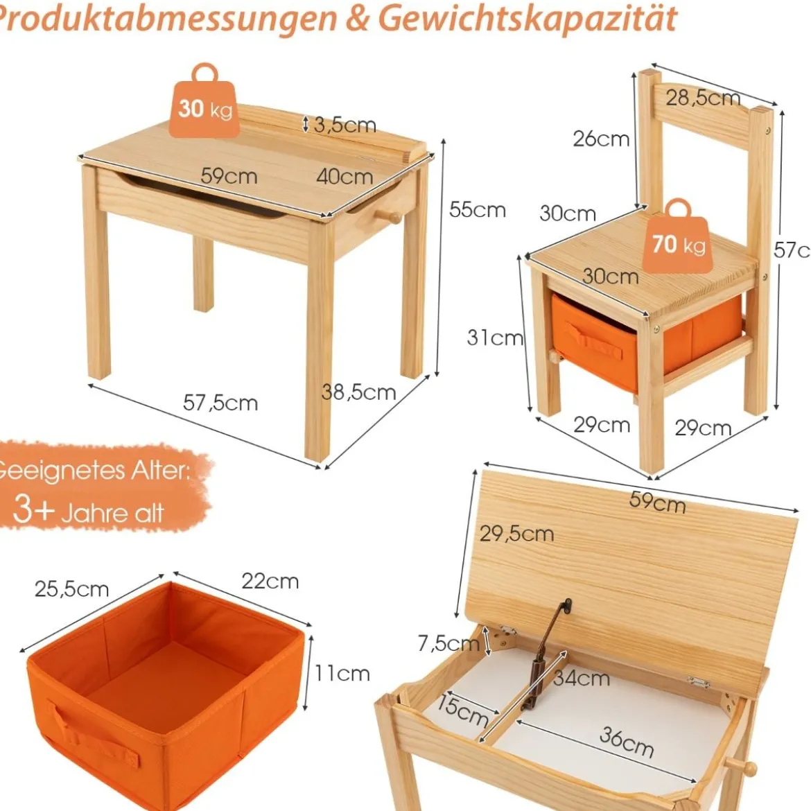 Kindertisch + Stuhl aus Massivholz mit Klappbarer Tischplatte & Schublade & Haken