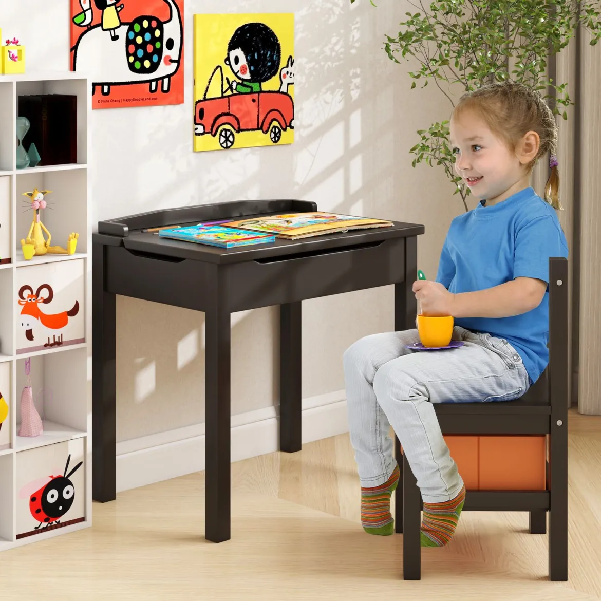 Kindertisch + Stuhl aus Massivholz mit Klappbarer Tischplatte & Schublade & Haken