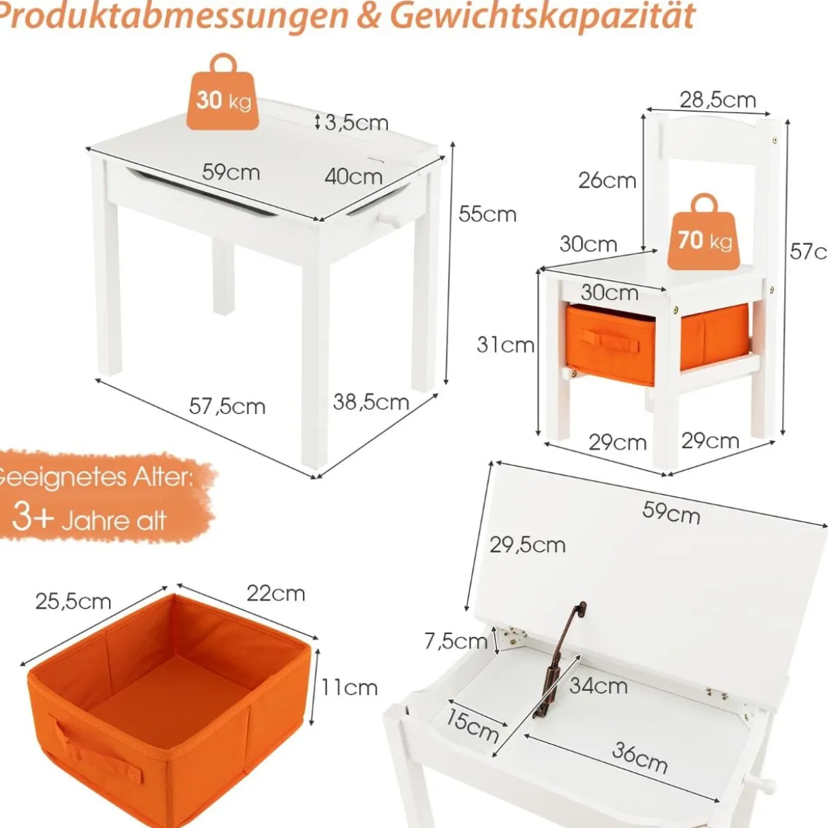 Kindertisch + Stuhl aus Massivholz mit Klappbarer Tischplatte & Schublade & Haken