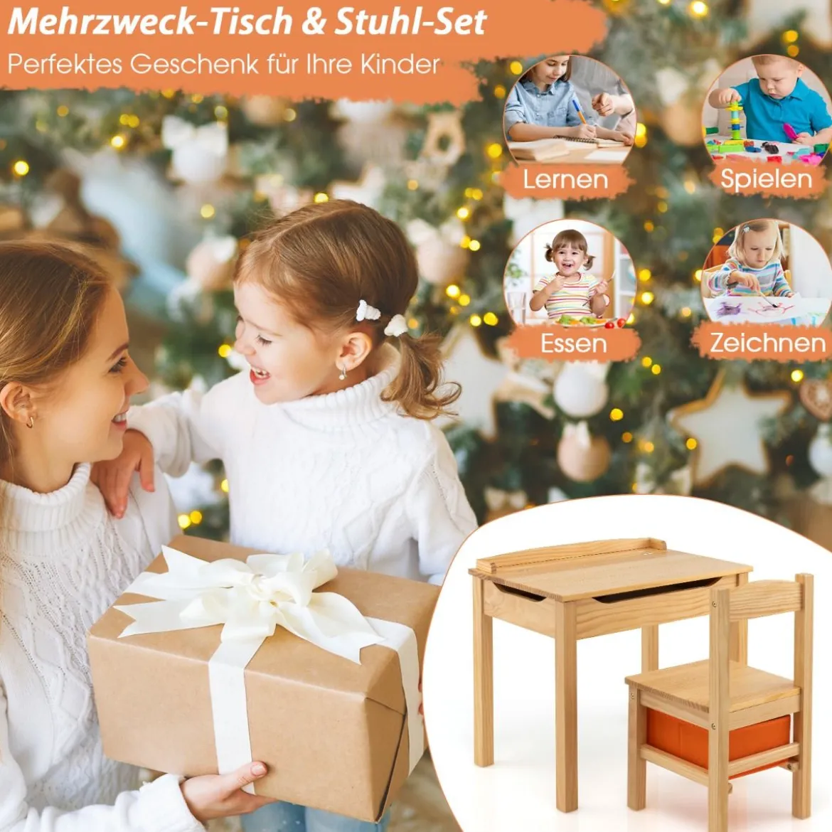 Kindertisch + Stuhl aus Massivholz mit Klappbarer Tischplatte & Schublade & Haken