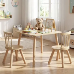 Kindertisch und 2 Stühle Set Holz Kinder Aktivitätstisch-Set mit geschwungenen Spindel-Rückenlehnen Natur