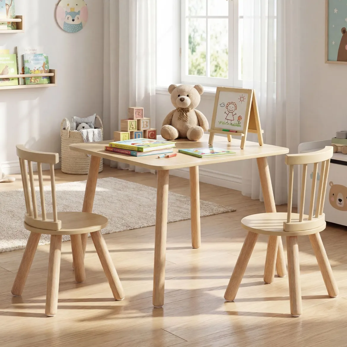 Kindertisch und 2 Stühle Set Holz Kinder Aktivitätstisch-Set mit geschwungenen Spindel-Rückenlehnen Natur
