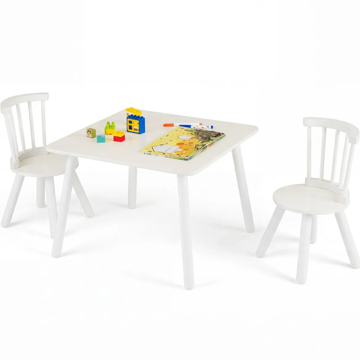 Kindertisch und 2 Stühle Set Holz Kinder Aktivitätstisch-Set mit geschwungenen Spindel-Rückenlehnen Weiß