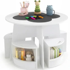 Kindertisch und Stuhl Set aus Holz 5 Teilige Kindersitzgruppe Rund mit 4 Stauraumhocker Weiß