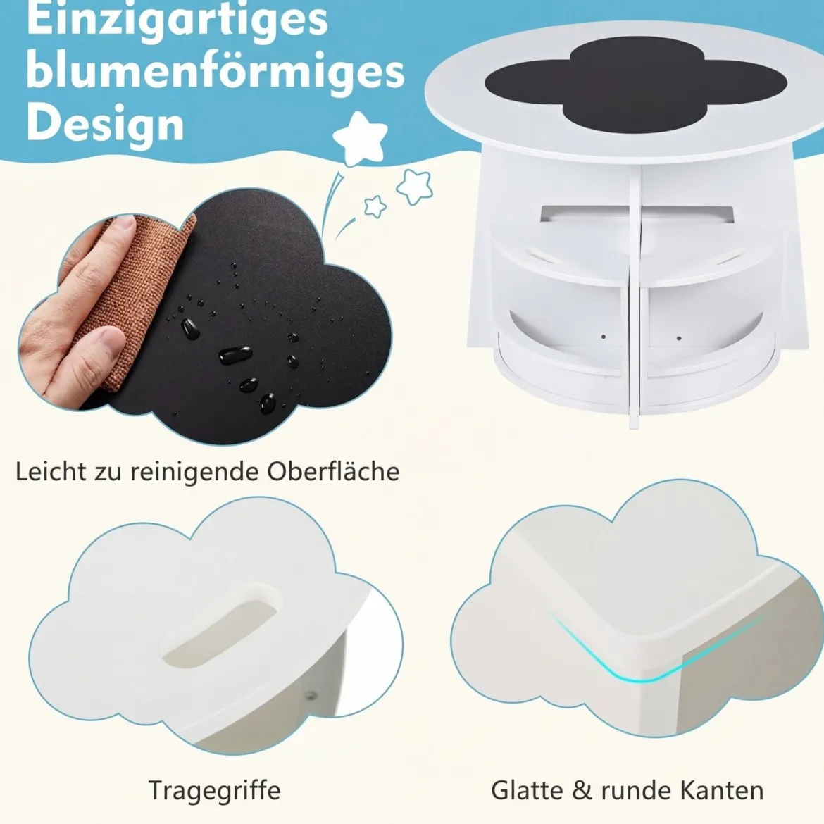 Kindertisch und Stuhl Set aus Holz 5 Teilige Kindersitzgruppe Rund mit 4 Stauraumhocker Weiß
