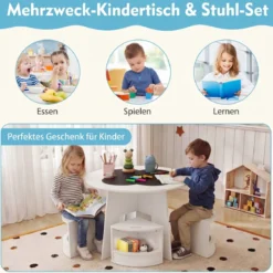 Kindertisch und Stuhl Set aus Holz 5 Teilige Kindersitzgruppe Rund mit 4 Stauraumhocker Weiß