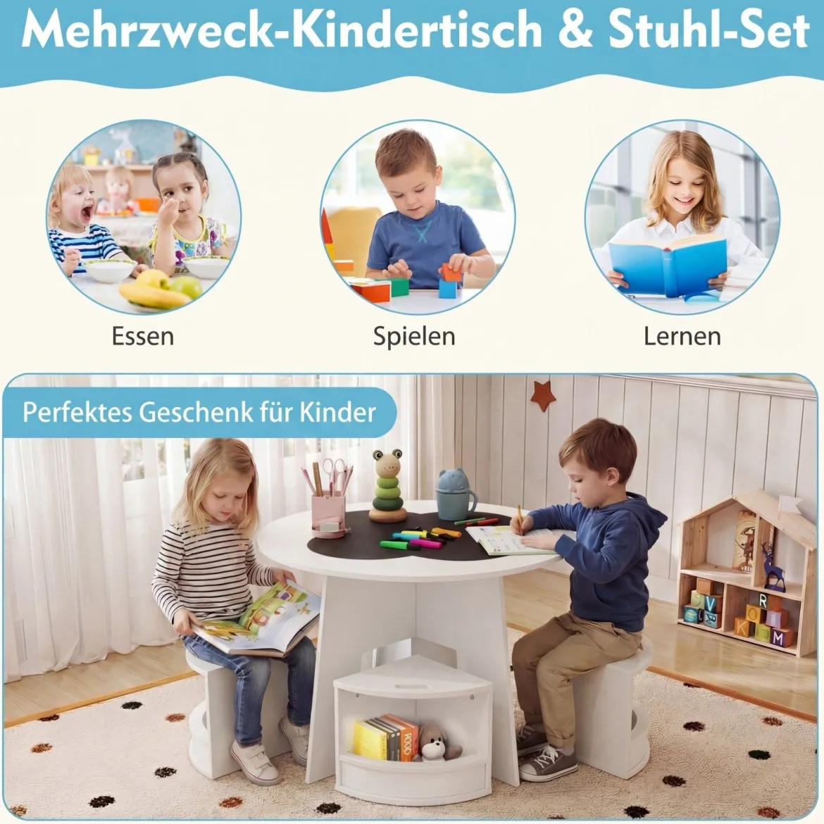 Kindertisch und Stuhl Set aus Holz 5 Teilige Kindersitzgruppe Rund mit 4 Stauraumhocker Weiß