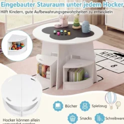 Kindertisch und Stuhl Set aus Holz 5 Teilige Kindersitzgruppe Rund mit 4 Stauraumhocker Weiß