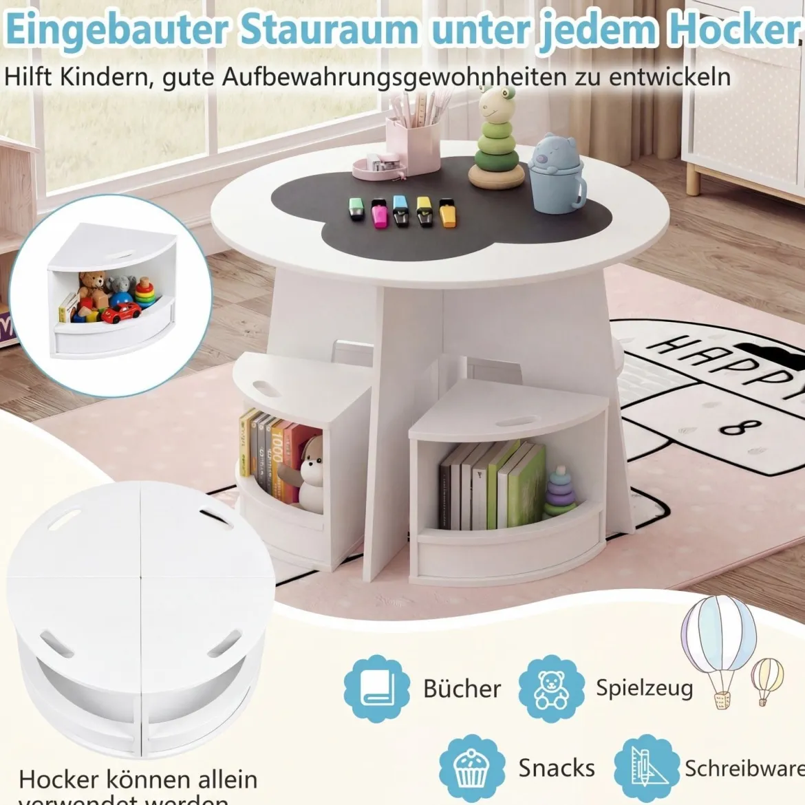 Kindertisch und Stuhl Set aus Holz 5 Teilige Kindersitzgruppe Rund mit 4 Stauraumhocker Weiß