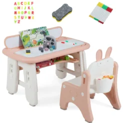 Kindertisch- und Stuhlset Kunsttisch und Stuhl für Kleinkinder mit aufklappbarem Bücherregal Rosa