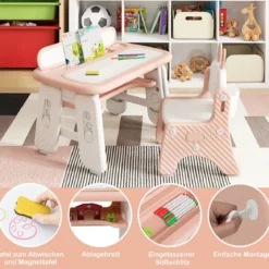 Kindertisch- und Stuhlset Kunsttisch und Stuhl für Kleinkinder mit aufklappbarem Bücherregal Rosa