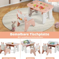 Kindertisch- und Stuhlset Kunsttisch und Stuhl für Kleinkinder mit aufklappbarem Bücherregal Rosa