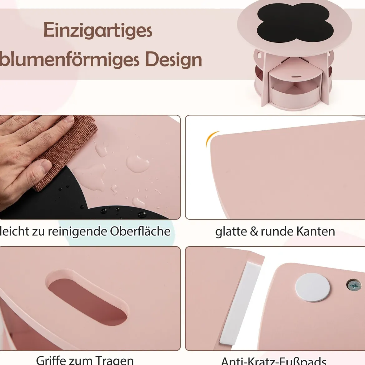 Kindertisch und Stuhl Set rund 5 teilige Kindersitzgruppe aus Holz mit 4 Stauraumhocker Rosa