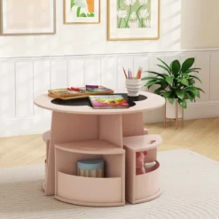 Kindertisch und Stuhl Set rund 5 teilige Kindersitzgruppe aus Holz mit 4 Stauraumhocker Rosa