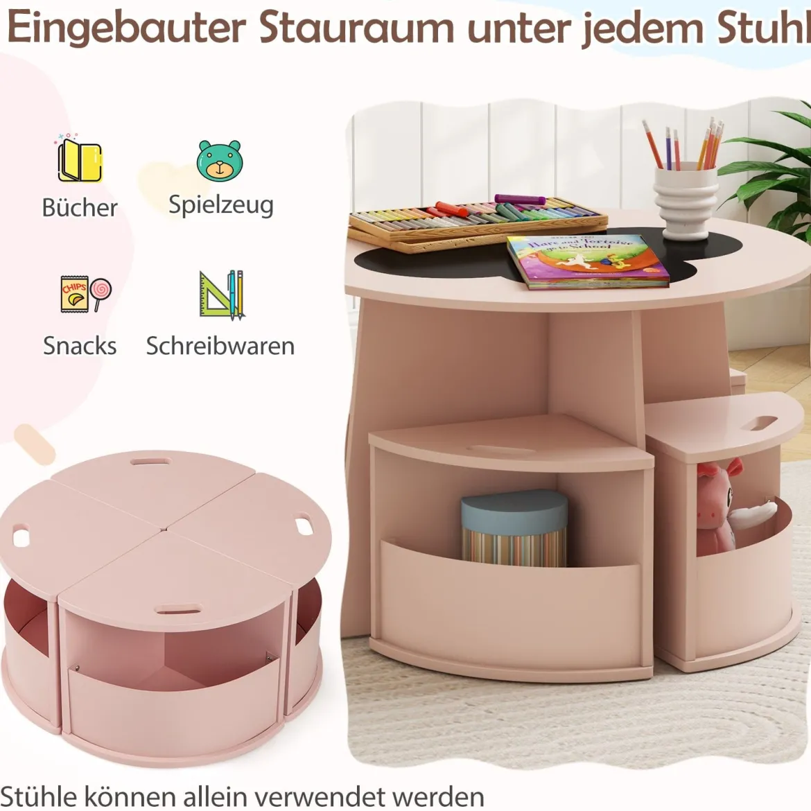 Kindertisch und Stuhl Set rund 5 teilige Kindersitzgruppe aus Holz mit 4 Stauraumhocker Rosa