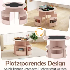 Kindertisch und Stuhl Set rund 5 teilige Kindersitzgruppe aus Holz mit 4 Stauraumhocker Rosa