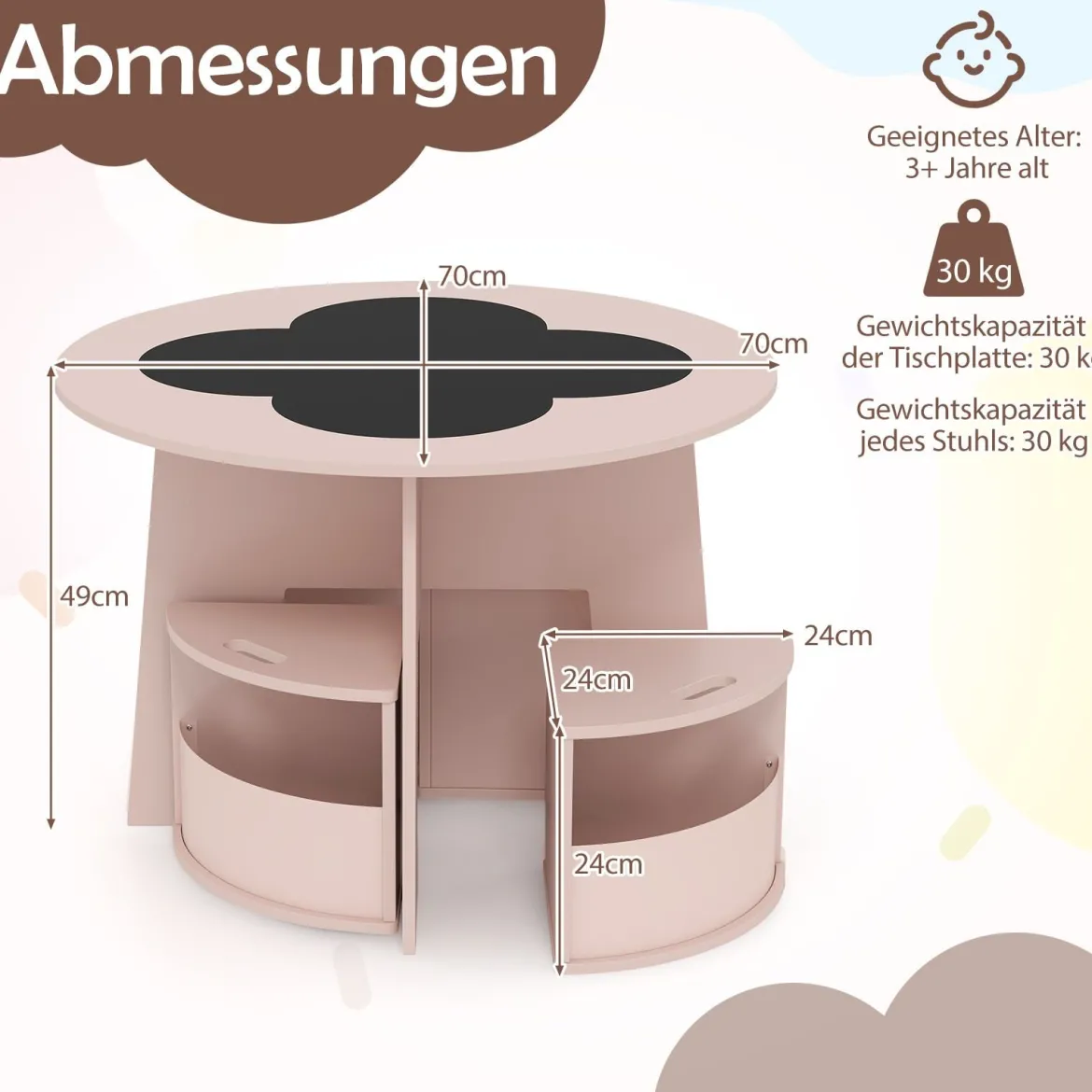 Kindertisch und Stuhl Set rund 5 teilige Kindersitzgruppe aus Holz mit 4 Stauraumhocker Rosa