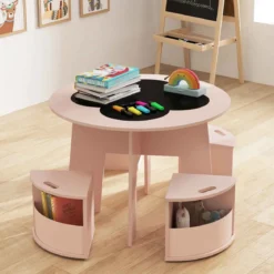 Kindertisch und Stuhl Set rund 5 teilige Kindersitzgruppe aus Holz mit 4 Stauraumhocker Rosa