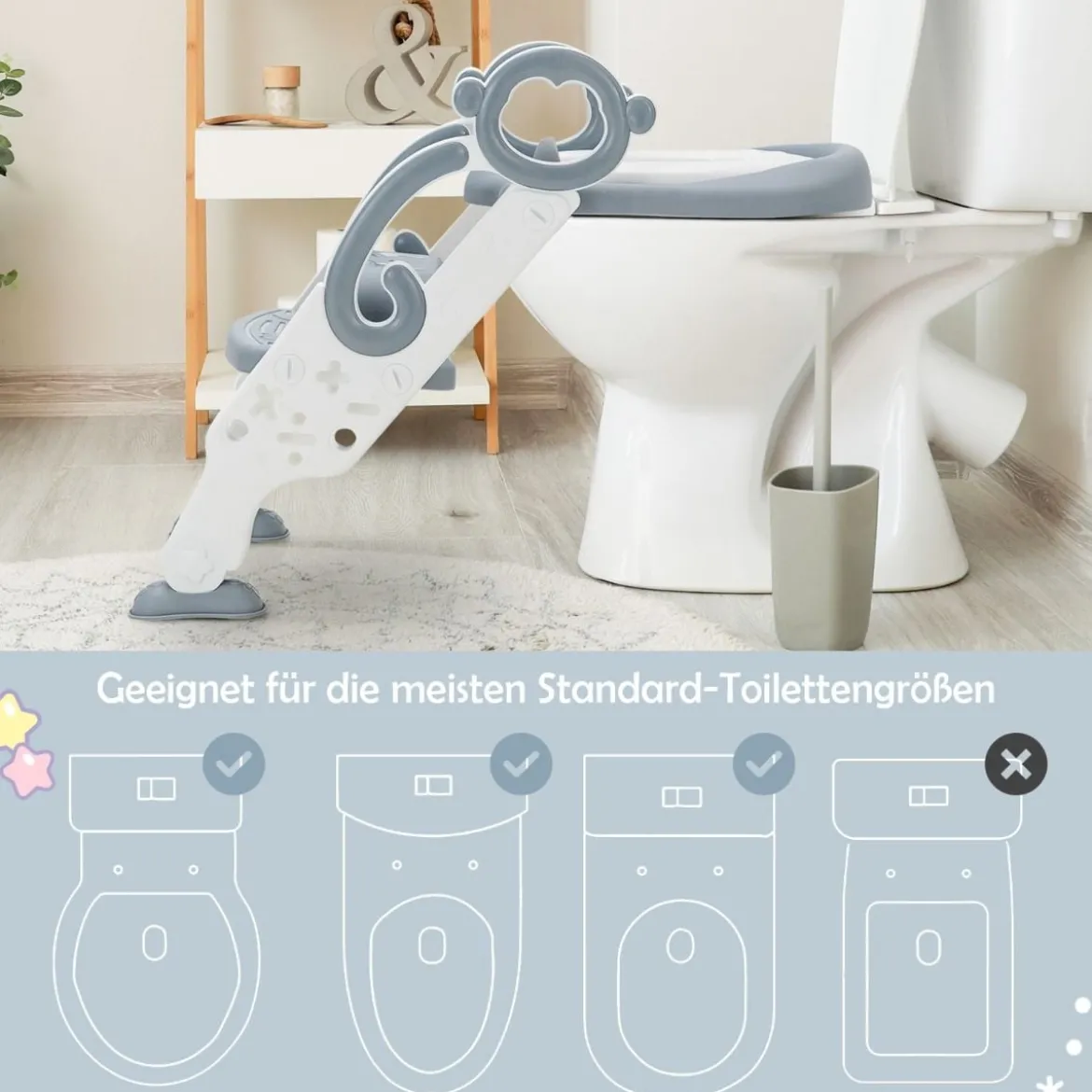 Kinder Toilettensitz mit Leiter und Griffe für Kleinkinder von 1 bis 5 Jahre Grau