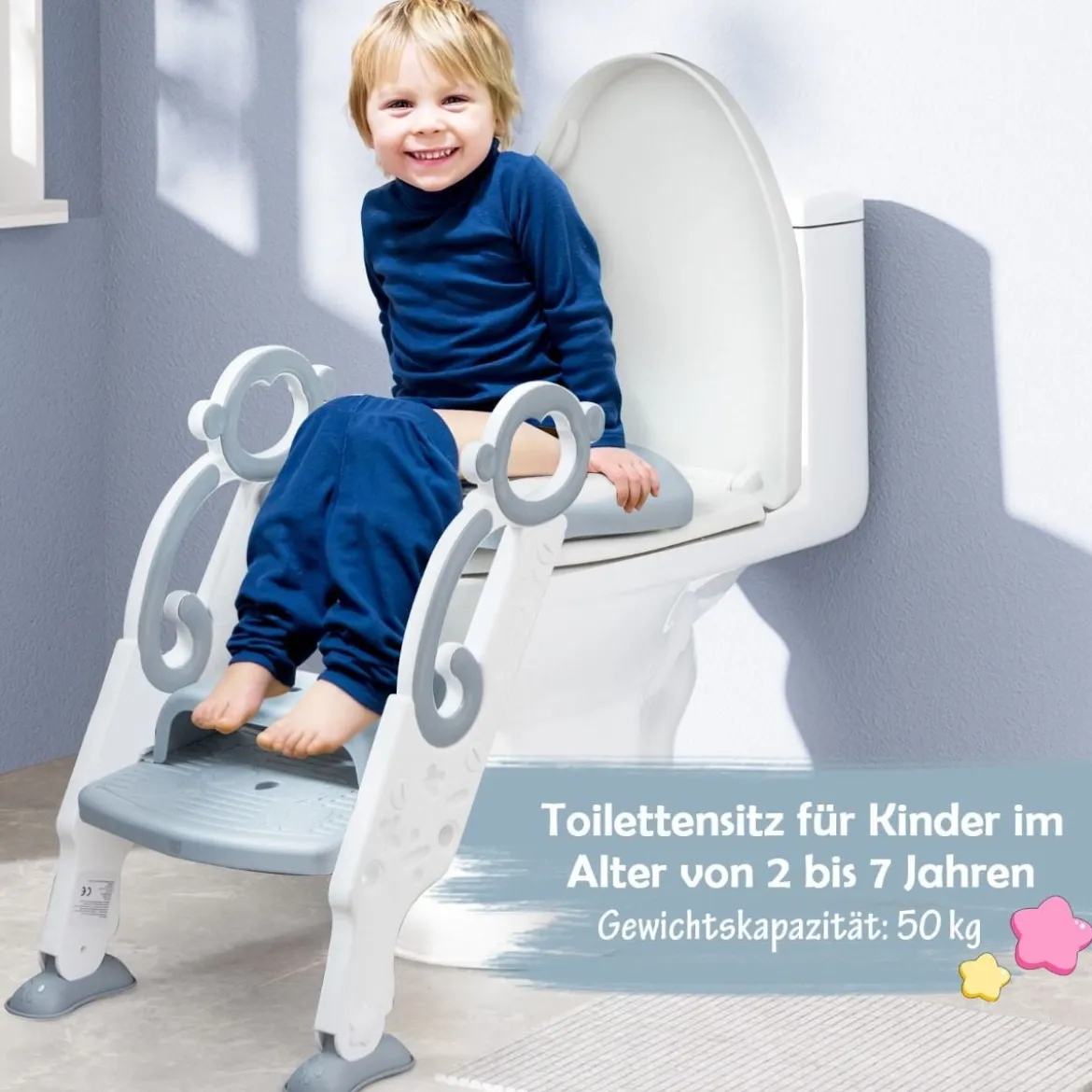 Kinder Toilettensitz mit Leiter und Griffe für Kleinkinder von 1 bis 5 Jahre Grau