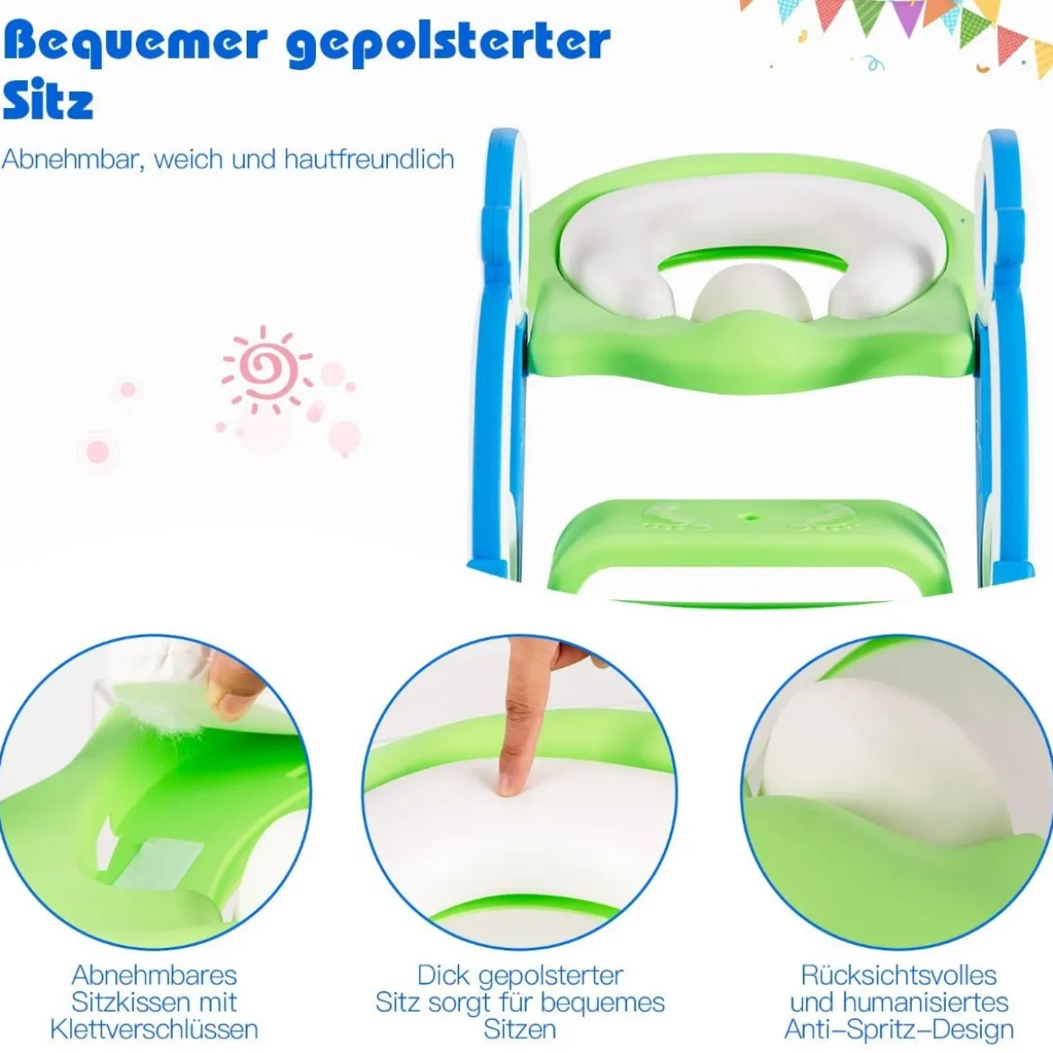 Kinder Toilettensitz mit Leiter und Griffe für Kleinkinder von 1 bis 5 Jahre Blau+Grün