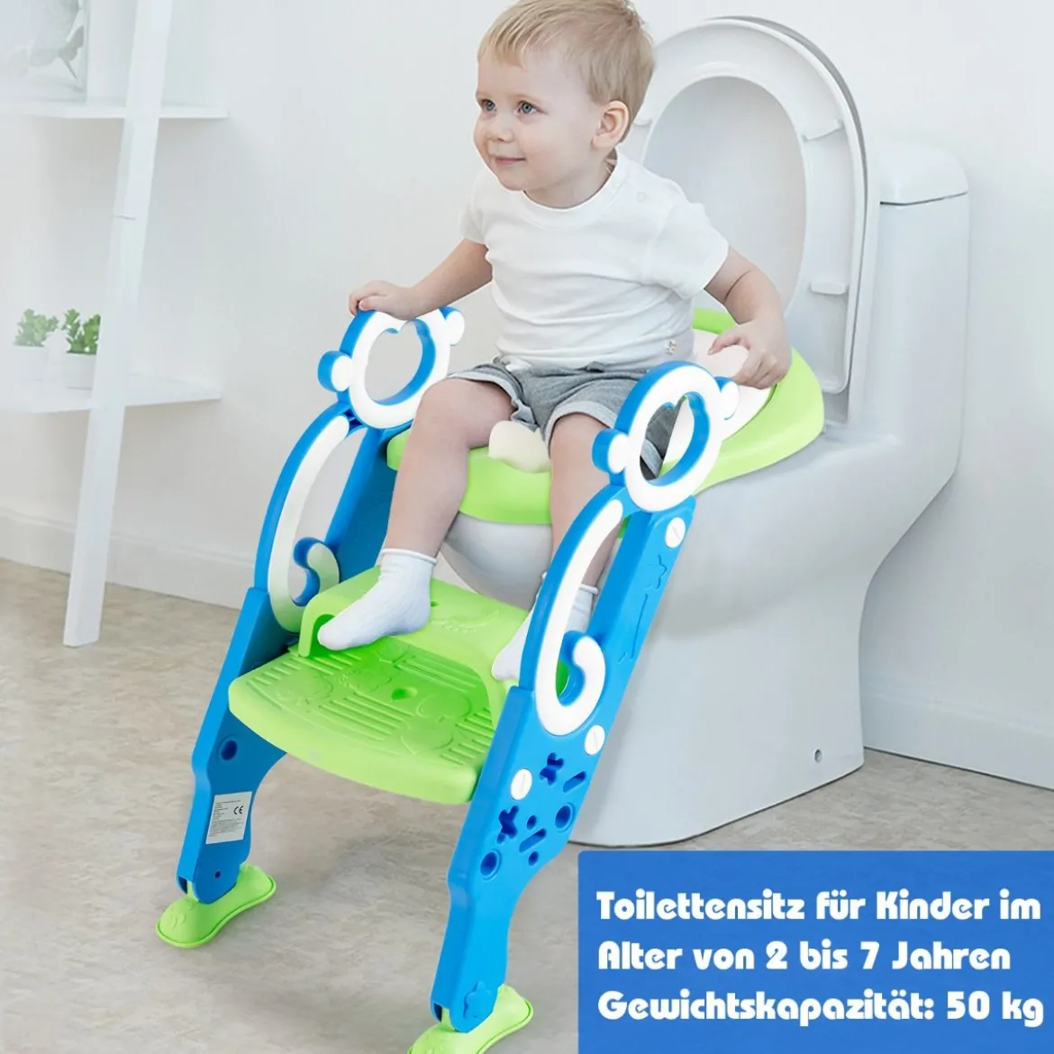 Kinder Toilettensitz mit Leiter und Griffe für Kleinkinder von 1 bis 5 Jahre Blau+Grün