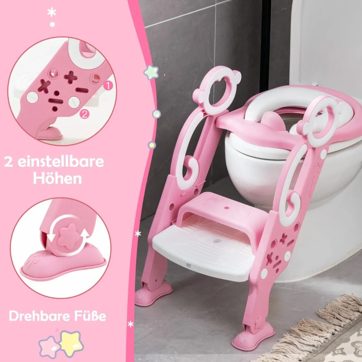 Kinder Toilettensitz mit Leiter und Griffe für Kleinkinder von 1 bis 5 Jahre Rosa