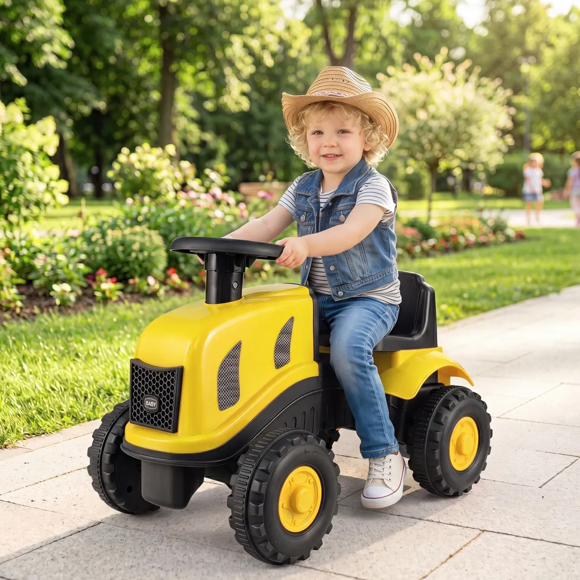 Kindertraktor mit Anhänger Hupe & Ergonomischem Sitz 2-in-1 Rutschfahrzeug 25 kg Belastbarkeit Gelb