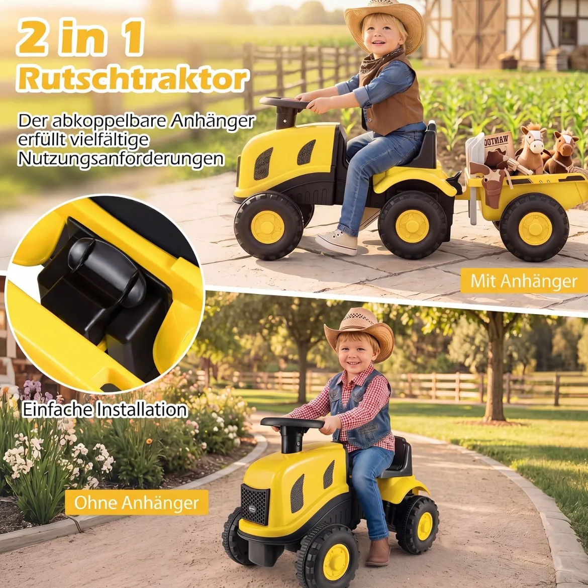 Kindertraktor mit Anhänger Hupe & Ergonomischem Sitz 2-in-1 Rutschfahrzeug 25 kg Belastbarkeit Gelb
