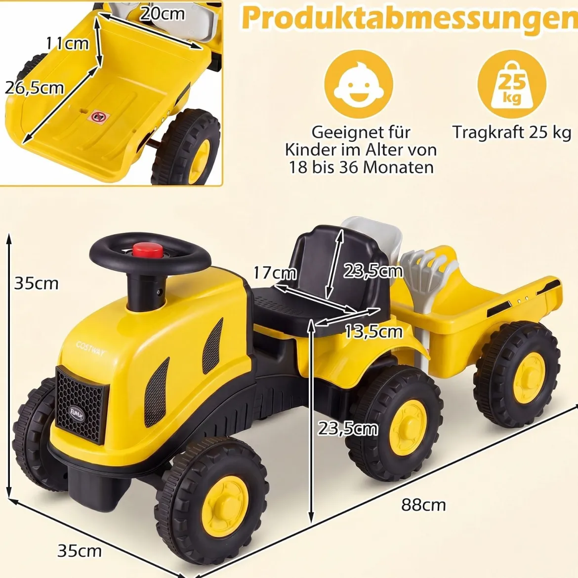 Kindertraktor mit Anhänger Hupe & Ergonomischem Sitz 2-in-1 Rutschfahrzeug 25 kg Belastbarkeit Gelb