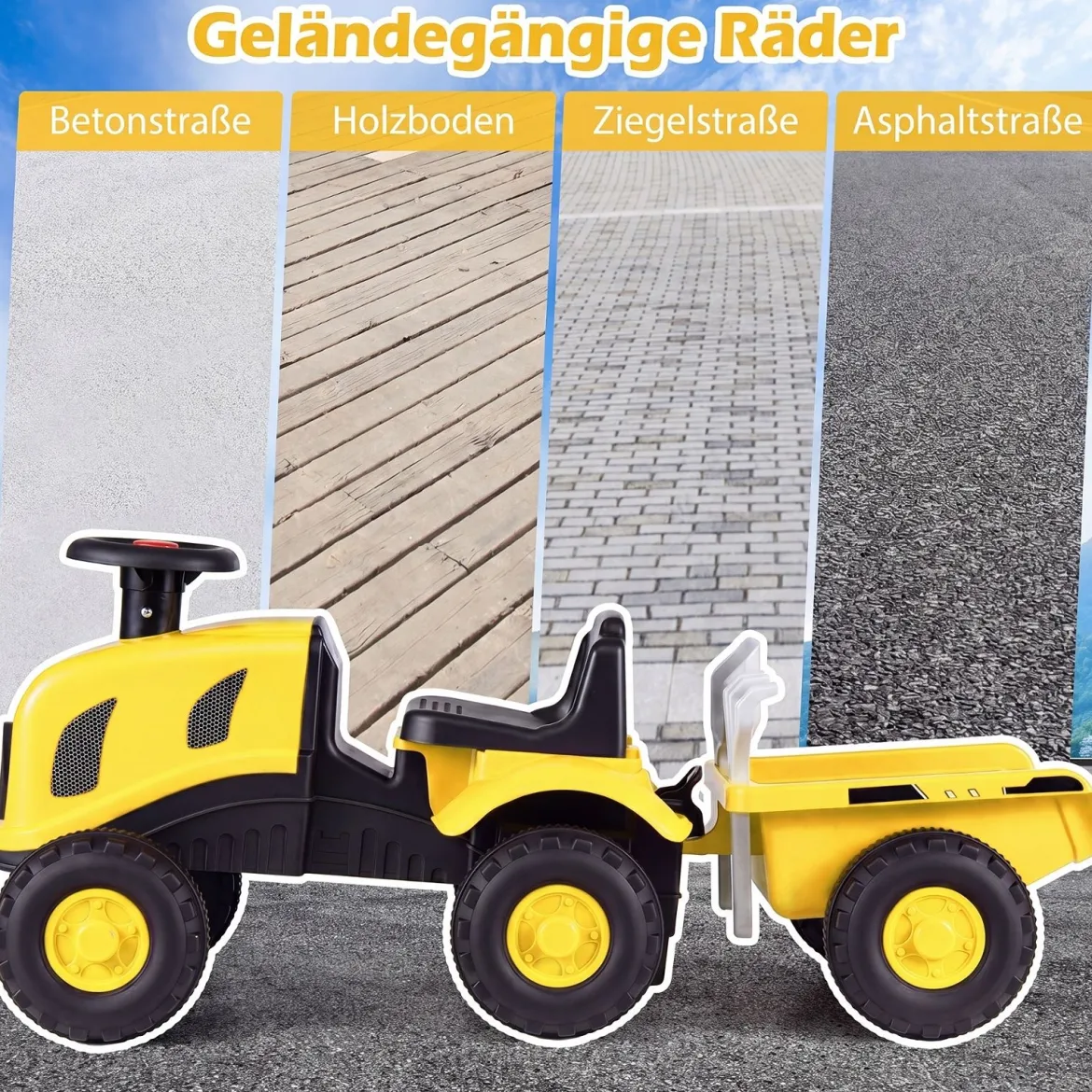 Kindertraktor mit Anhänger Hupe & Ergonomischem Sitz 2-in-1 Rutschfahrzeug 25 kg Belastbarkeit Gelb