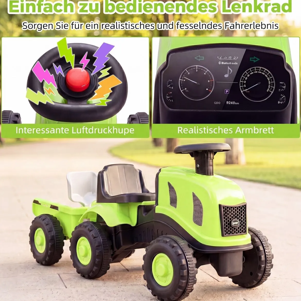 Kindertraktor mit Anhänger Hupe & Ergonomischem Sitz 2-in-1 Rutschfahrzeug 25 kg Belastbarkeit Grün