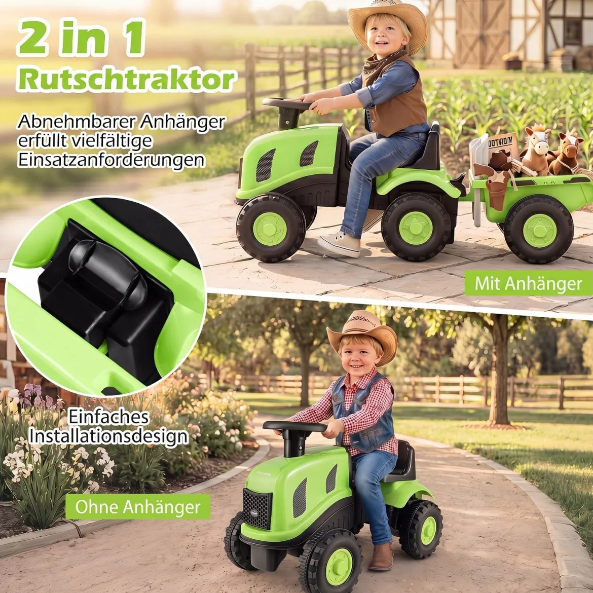 Kindertraktor mit Anhänger Hupe & Ergonomischem Sitz 2-in-1 Rutschfahrzeug 25 kg Belastbarkeit Grün
