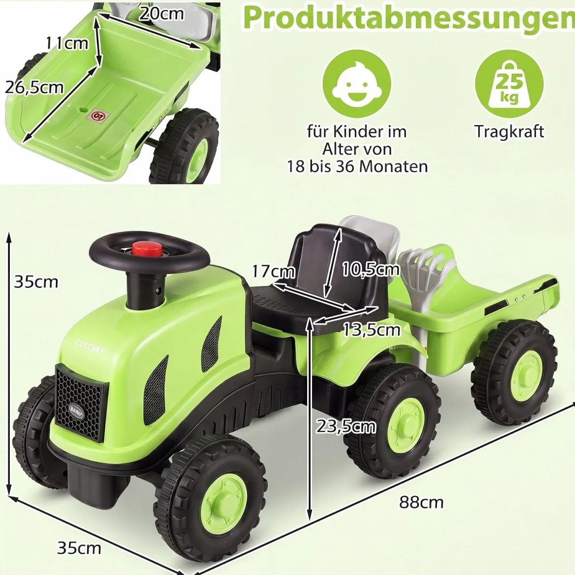 Kindertraktor mit Anhänger Hupe & Ergonomischem Sitz 2-in-1 Rutschfahrzeug 25 kg Belastbarkeit Grün