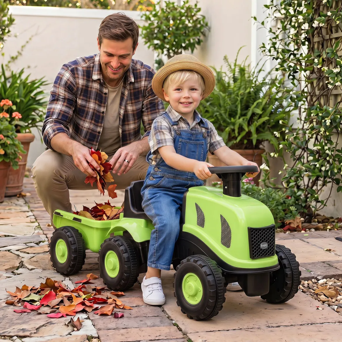 Kindertraktor mit Anhänger Hupe & Ergonomischem Sitz 2-in-1 Rutschfahrzeug 25 kg Belastbarkeit Grün