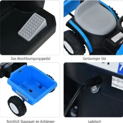 Kindertraktor 6 V Traktor mit Abnehmbarem Anhänger Kinder Aufsitztraktor mit USB-Anschluss Blau