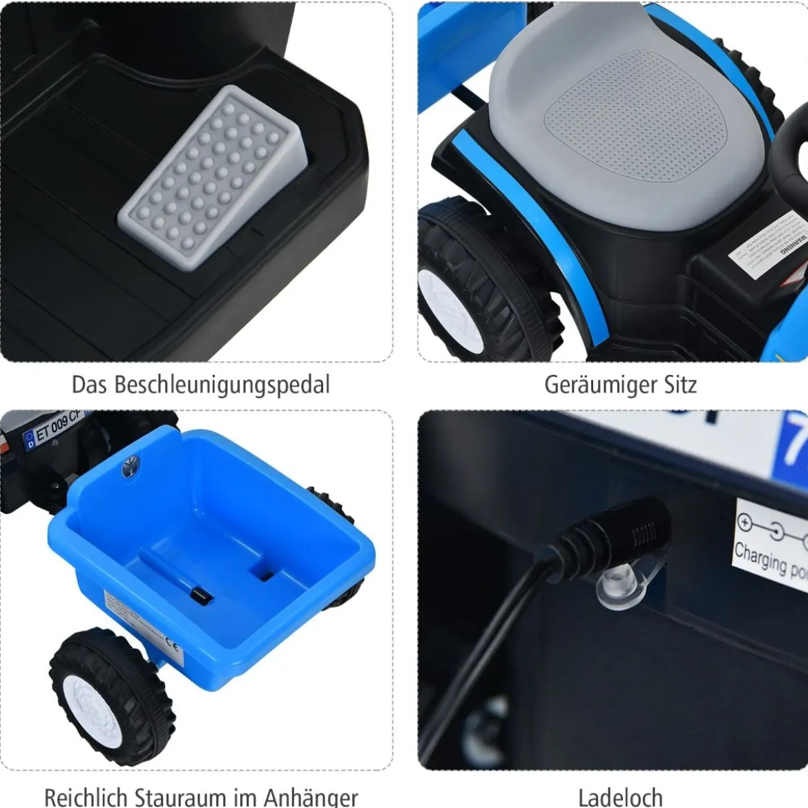 Kindertraktor 6 V Traktor mit Abnehmbarem Anhänger Kinder Aufsitztraktor mit USB-Anschluss Blau