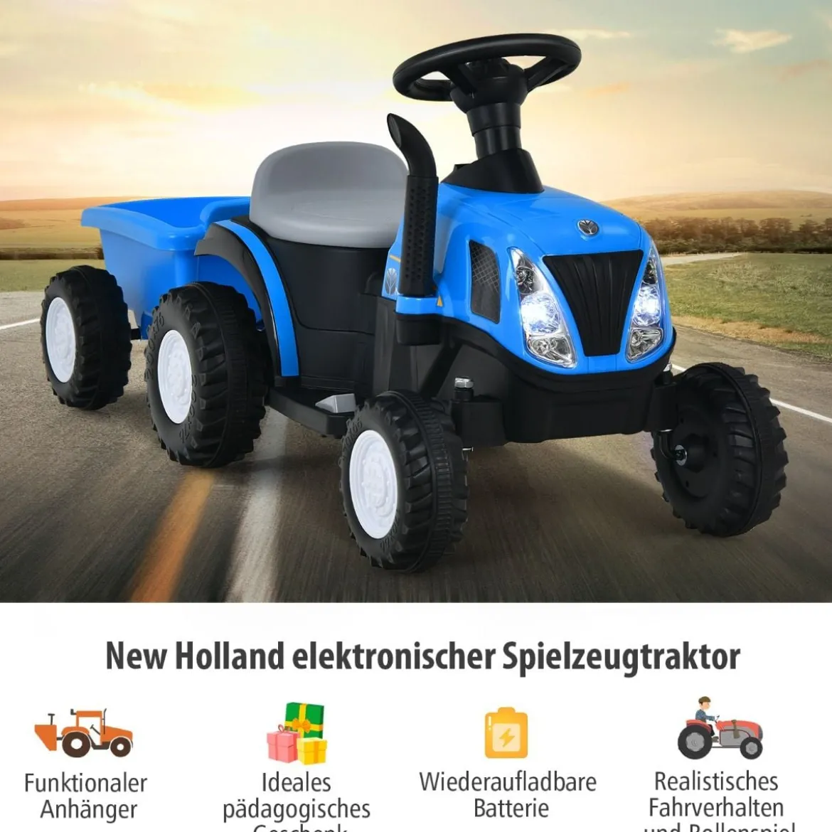 Kindertraktor 6 V Traktor mit Abnehmbarem Anhänger Kinder Aufsitztraktor mit USB-Anschluss Blau