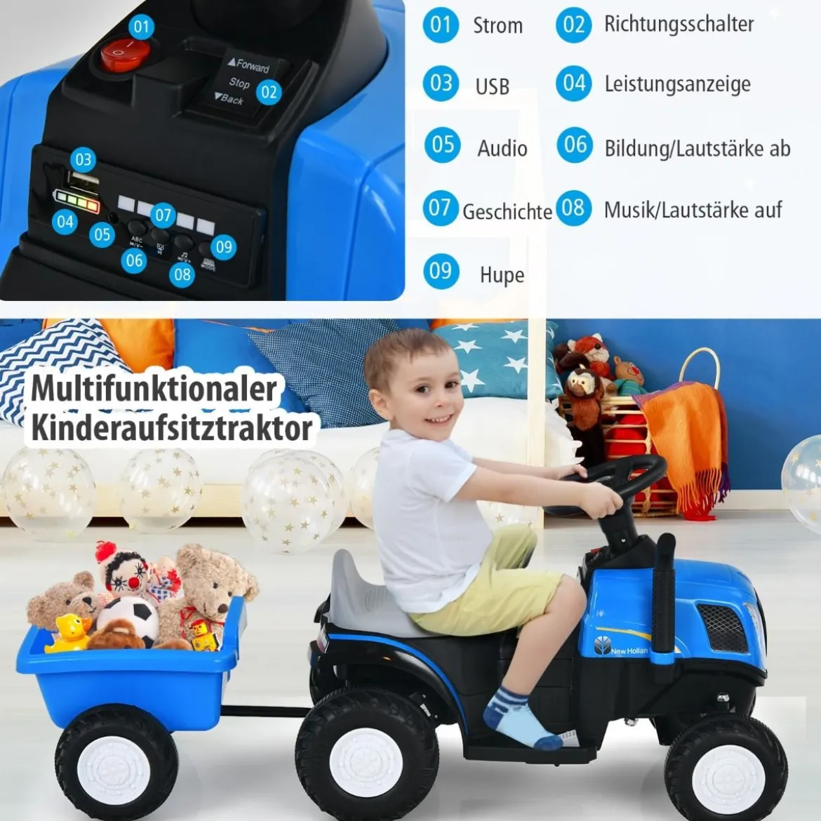 Kindertraktor 6 V Traktor mit Abnehmbarem Anhänger Kinder Aufsitztraktor mit USB-Anschluss Blau