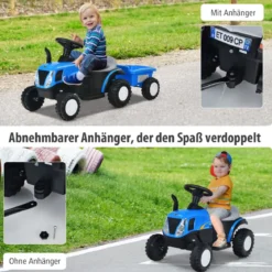 Kindertraktor 6 V Traktor mit Abnehmbarem Anhänger Kinder Aufsitztraktor mit USB-Anschluss Blau