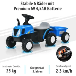 Kindertraktor 6 V Traktor mit Abnehmbarem Anhänger Kinder Aufsitztraktor mit USB-Anschluss Blau