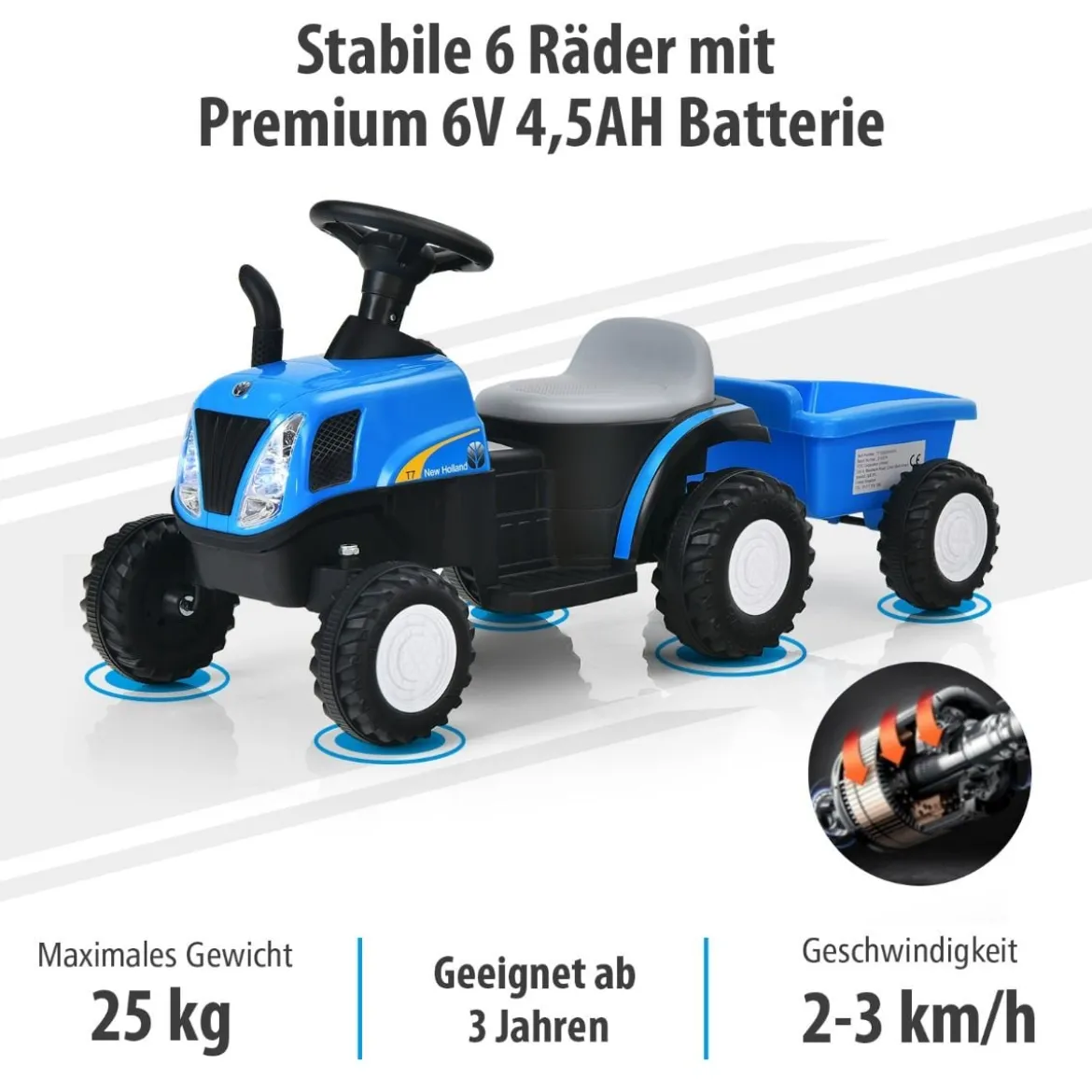 Kindertraktor 6 V Traktor mit Abnehmbarem Anhänger Kinder Aufsitztraktor mit USB-Anschluss Blau