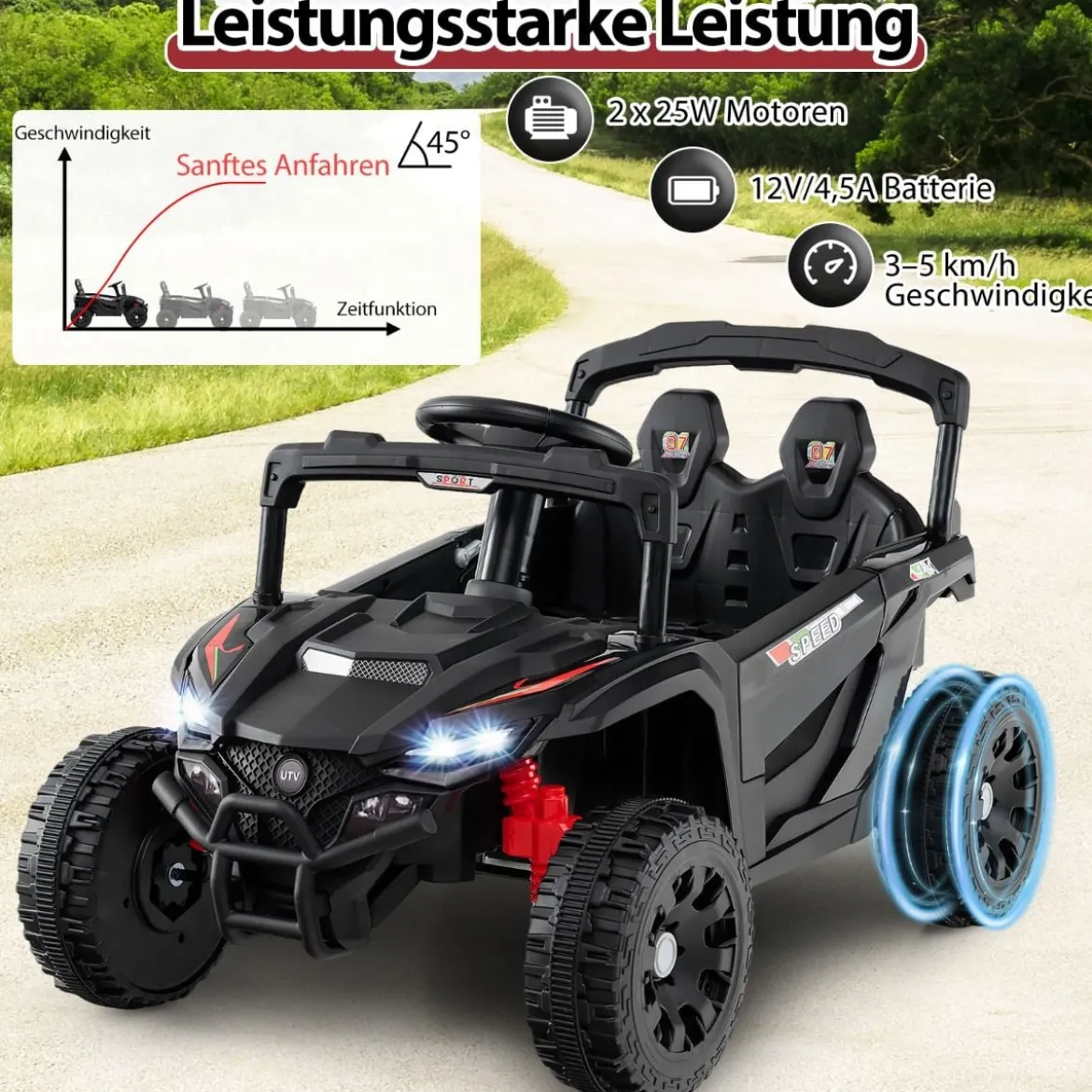Kinder 12V Elektroauto mit Fernbedienung Elektrischer UTV-Truck Kinderauto Kinderfahrzeug Schwarz
