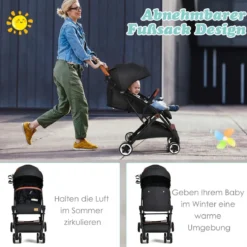 Kinderwagen faltbar Reisebuggy mit verstellbarem Rückenlehne & Verdeck Babywagen mit Becherhalter Schwarz