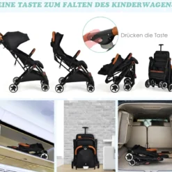 Kinderwagen faltbar Reisebuggy mit verstellbarem Rückenlehne & Verdeck Babywagen mit Becherhalter Schwarz