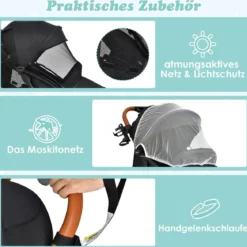Kinderwagen faltbar Reisebuggy mit verstellbarem Rückenlehne & Verdeck Babywagen mit Becherhalter Schwarz