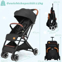 Kinderwagen faltbar Reisebuggy mit verstellbarem Rückenlehne & Verdeck Babywagen mit Becherhalter Schwarz