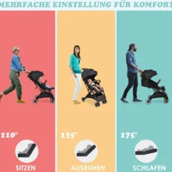 Kinderwagen faltbar Reisebuggy mit verstellbarem Rückenlehne & Verdeck Babywagen mit Becherhalter Schwarz